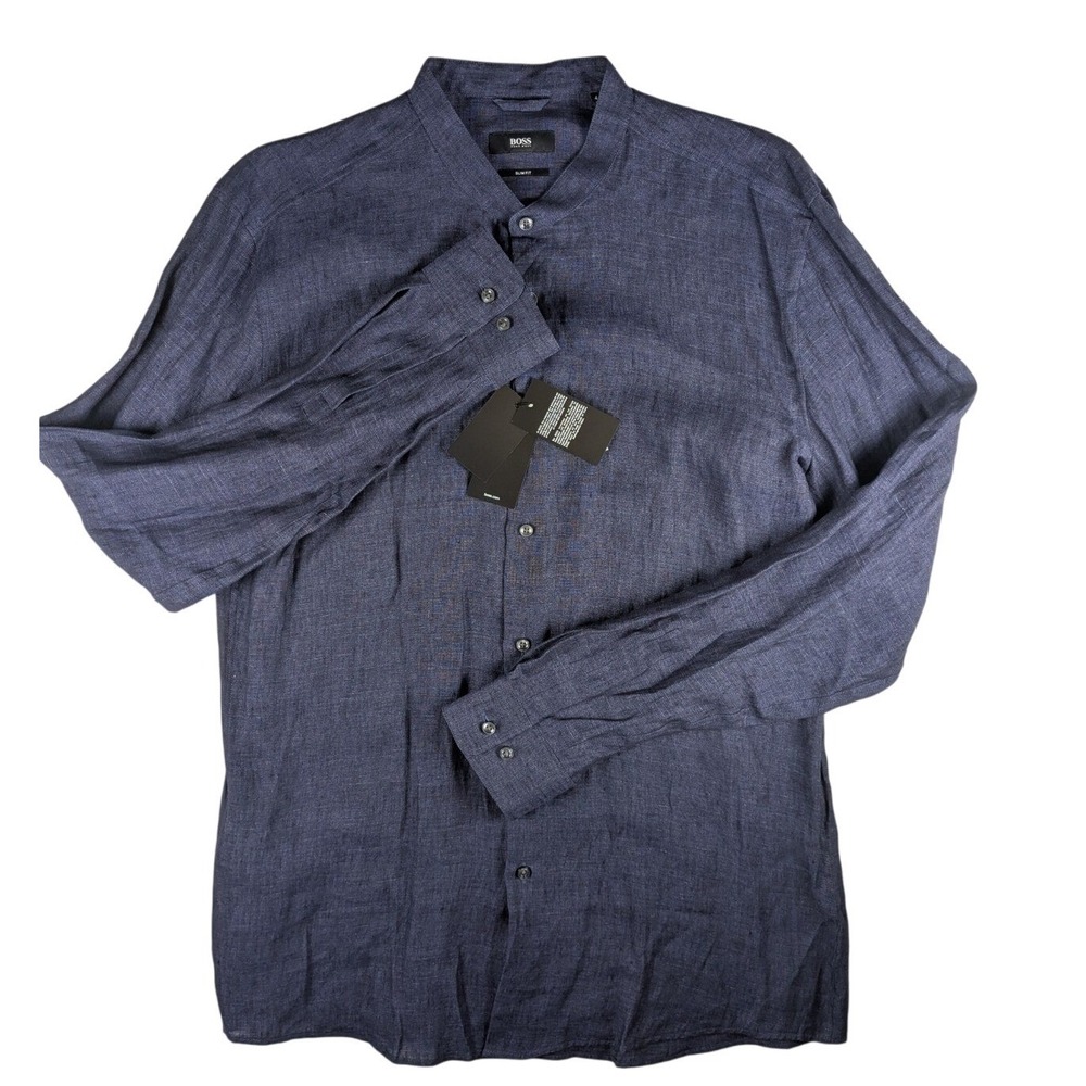 Hugo Boss‎ Men's Jordi Slim Fit L/S Navy Blue Linen Shirt Italian Fabric 41/16